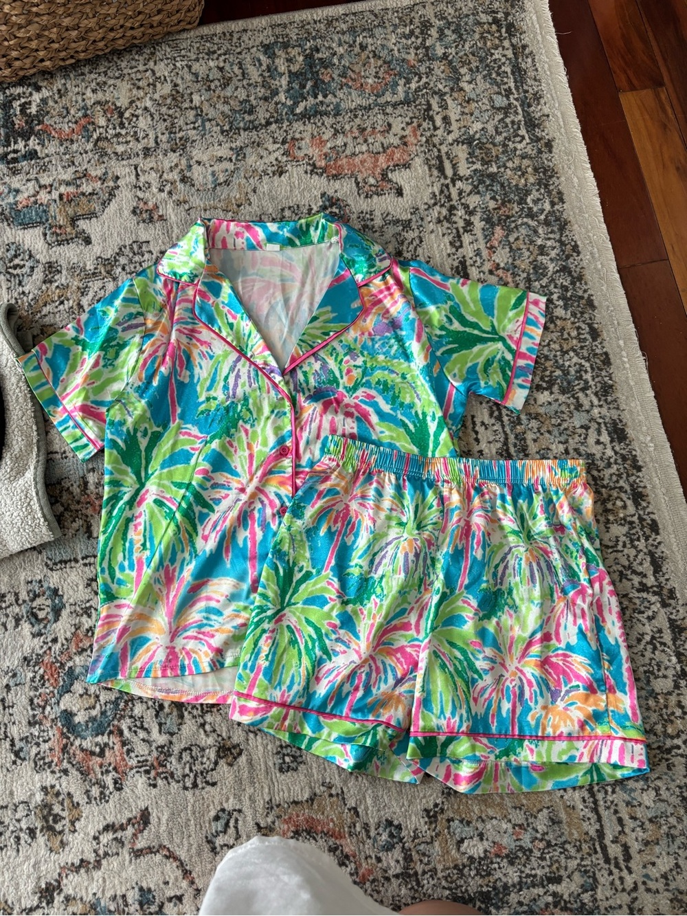 amazon palm tree print colorful satin pajama set